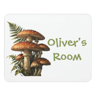 Red Amanita Mushrooms with Fern Botanical Door Sign