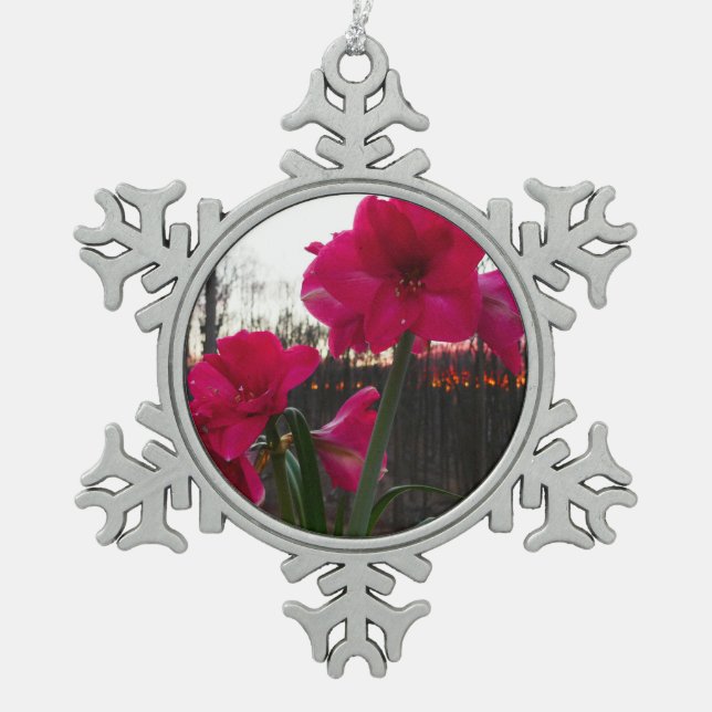 Red Amaryllis and Winter Sunrise Snowflake Pewter Christmas Ornament (Front)