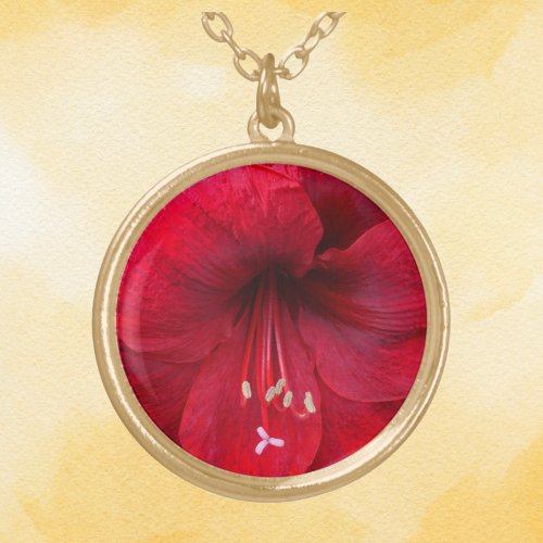 Red Amaryllis Bloom Floral Gold Plated Necklace