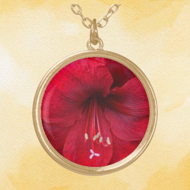 Red Amaryllis Bloom Floral Gold Plated Necklace (In Situ)