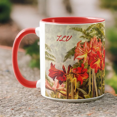 Red Amaryllis Botanical Art _ Monogram Initials Mug
