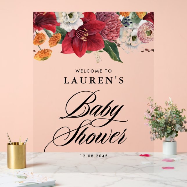 Red Amaryllis Botanical Baby Shower Welcome Acrylic Sign (Wedding)