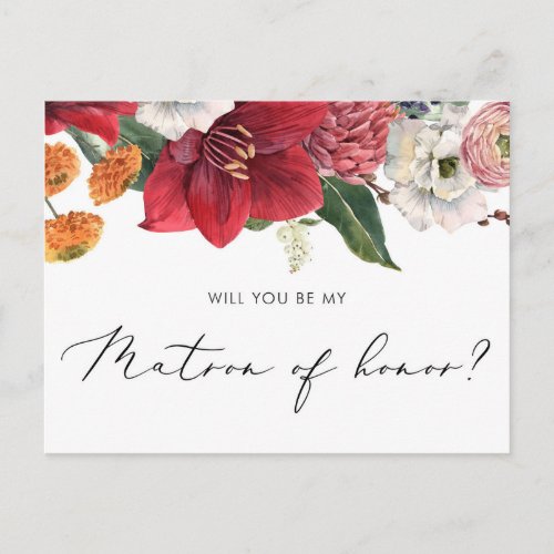 Red Amaryllis Floral Be My Matron of Honor Postcard