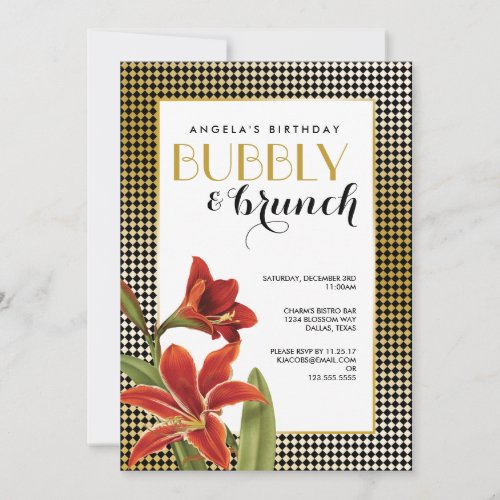 Red Amaryllis Flower Checked Gold Invitation