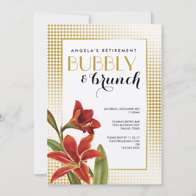 Red Amaryllis Flower Checked Gold Invitation (Front)