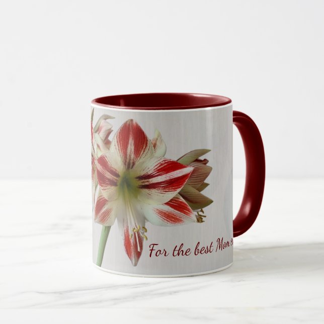 Red amaryllis flower mug with custom text (Front Right)
