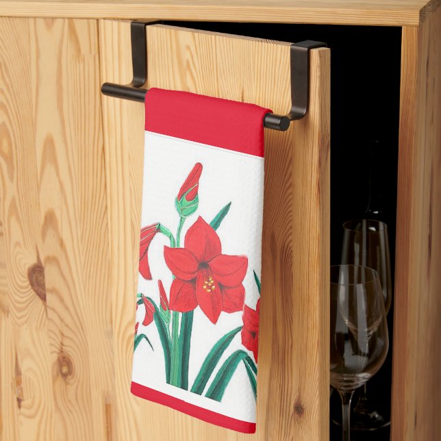 Red Amaryllis Kitchen Towel Christmas gift decor (Thirds Fold)