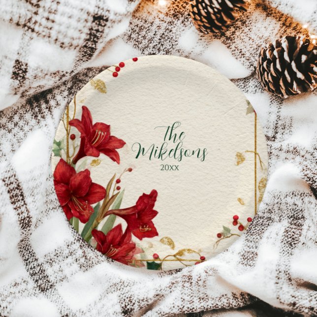 Red Amaryllis Rustic Christmas Paper Plates (Creator Uploaded)