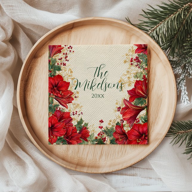 Red Amaryllis Rustic Holiday Christmas Napkins (Creator Uploaded)