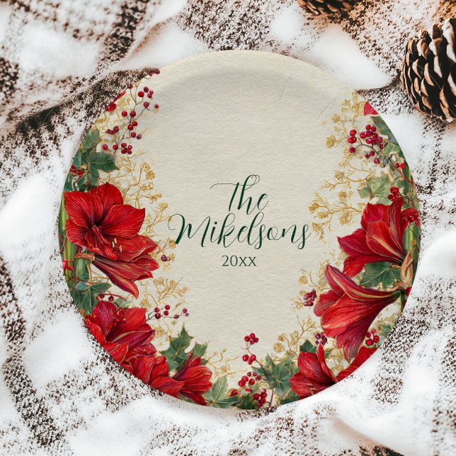 Red Amaryllis Rustic Holiday Christmas Paper Plates (Creator Uploaded)