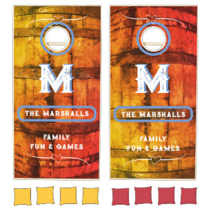 Red & Amber Rustic Barrel, Monogrammed Cornhole Set