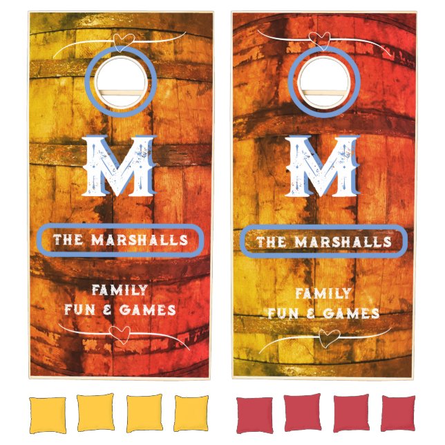 Red & Amber Rustic Barrel, Monogrammed Cornhole Set (Set)