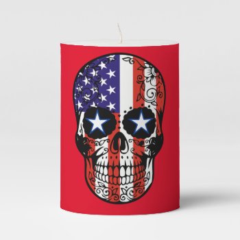 Red American Flag Sugar Skull Star Eyes Pillar Candle by TattooSugarSkulls at Zazzle