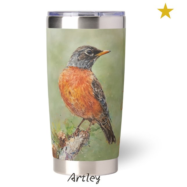 Red American Robin Bird Painting Custom Name Insulated Tumbler (Creator Uploaded)