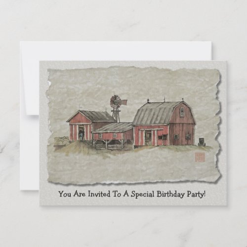 Red Amish Barn  Windmill Invitation