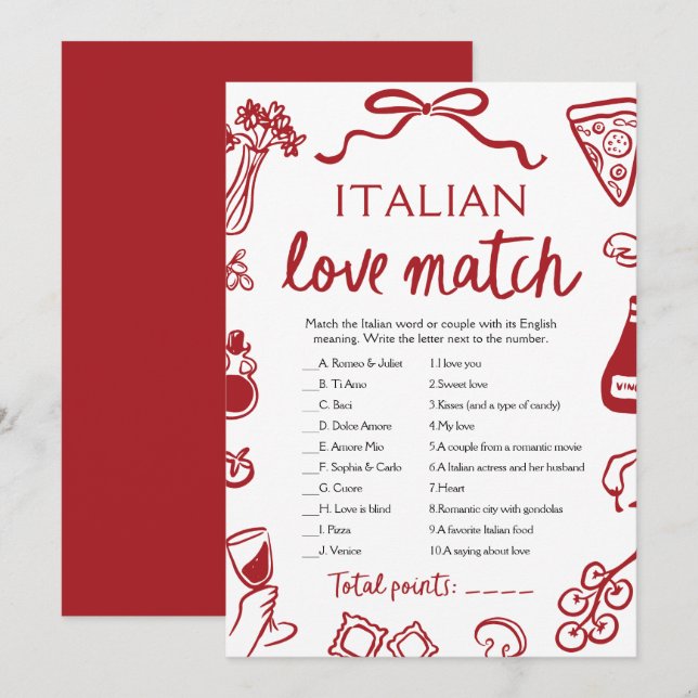 Red Amore Italian Love Match Bridal Shower Game Invitation (Front/Back)