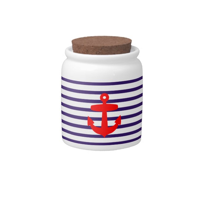 Red Anchor and Navy Blue Sailor Stripes Candy Jar (Front)