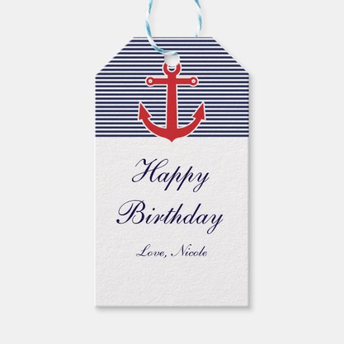 Red Anchor Nautical Blue  White Stripe Gift Tag