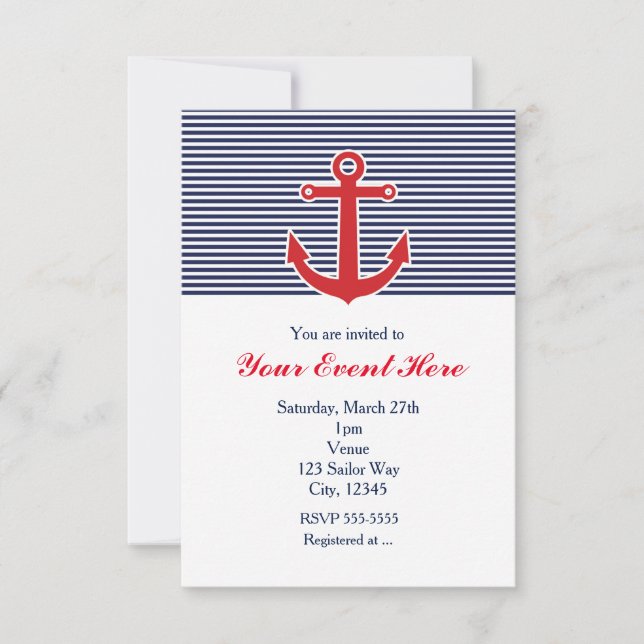 Red Anchor Nautical Blue & White Stripe Invitation (Front)