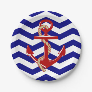 Red Anchor Nautical Chevron Stripes Paper Plates