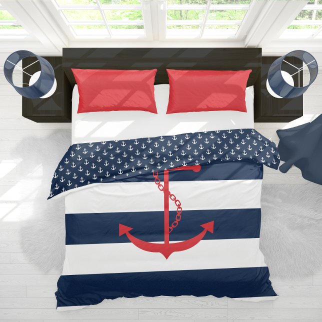 Red Anchor on Blue Stripes Duvet Cover (Creator Uploaded)