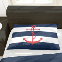 Red Anchor on Blue Stripes Pillow Case