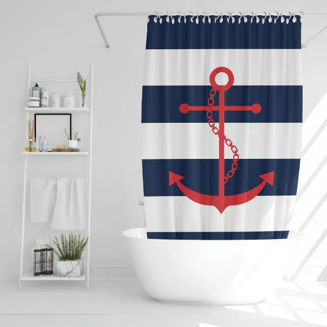 Red Anchor on Blue Stripes Shower Curtain | Zazzle