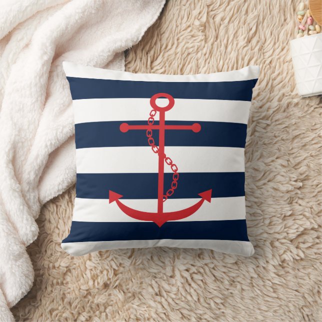Red Anchor on Blue Stripes Throw Pillow (Blanket)