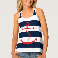 Red Anchor on Navy Blue Stripes Tank Top