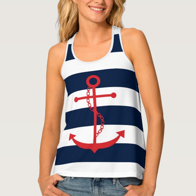 Red Anchor on Navy Blue Stripes Tank Top (Front)