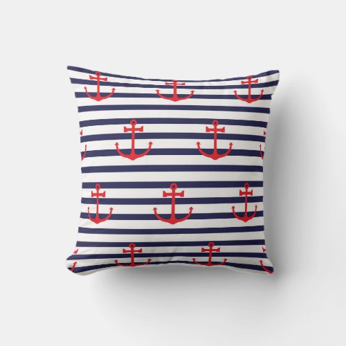 Red Anchor Pattern On Navy Blue Striped Background Throw Pillow