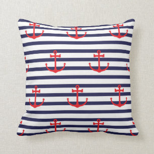 Red Anchor Pattern On Navy Blue Striped Background Throw Pillow