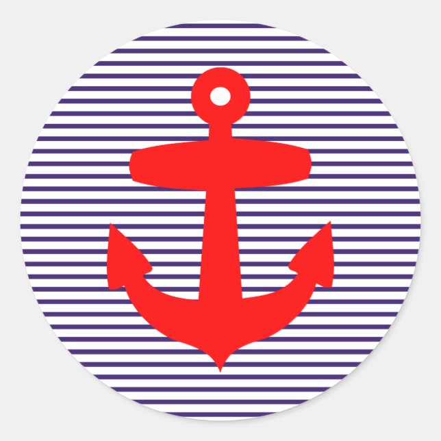 Red Anchor with Blue Sailor Stripes Classic Round Sticker (Front)