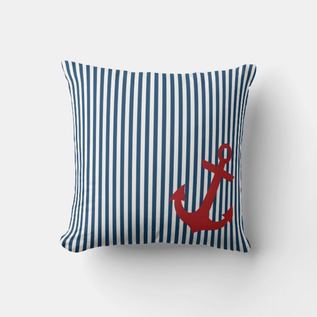 Red Anchor with Nautical Blue Salior Stripes Throw Pillow (Front)