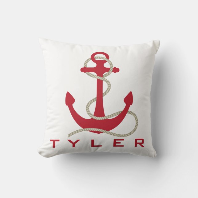 Red Anchor with Red and White Stripes Personalize Throw Pillow (Front)