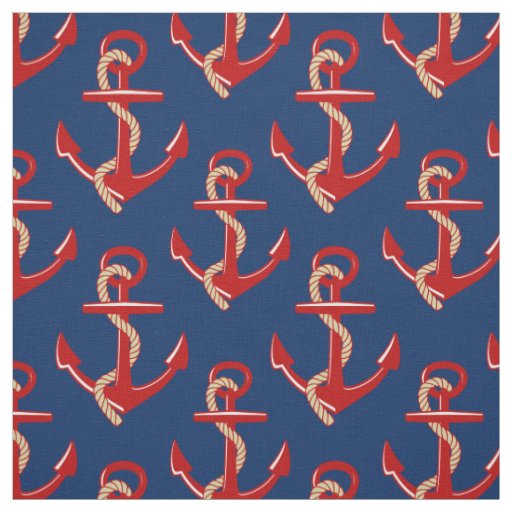 Red Anchors Nautical Pattern on Dark Blue Fabric