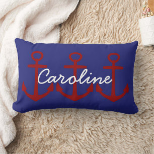 Red Anchors on Nautical Blue Personalized Lumbar Pillow