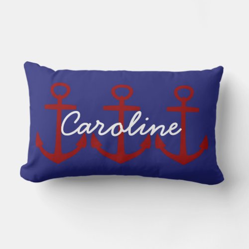 Red Anchors on Nautical Blue Personalized Lumbar Pillow