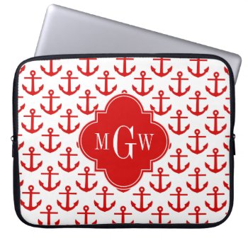 Red Anchors On White  Red 3 Initial Monogram Laptop Sleeve by FantabulousCases at Zazzle