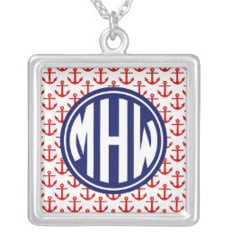 Red Anchors White BG, Circle Monogram on Navy Blue Silver Plated Necklace