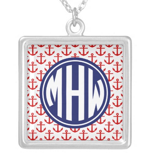 Red Anchors White BG Circle Monogram on Navy Blue Silver Plated Necklace