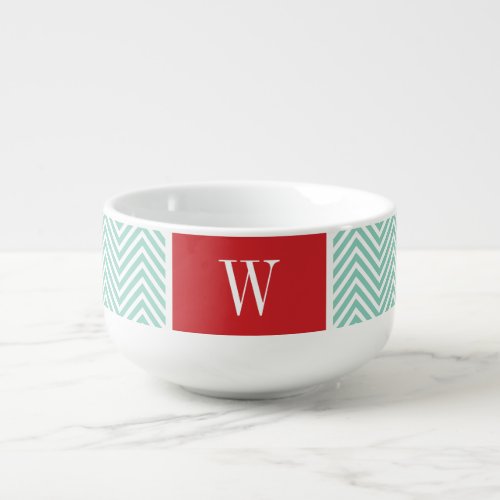 Red and Aqua Chevron Monogram Soup Mug