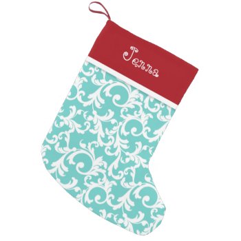 Red And Aqua Christmas Monogram Damask Print Small Christmas Stocking by Letsrendevoo at Zazzle