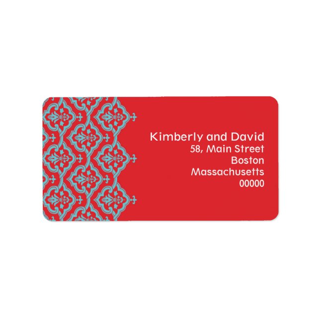 Red and Aqua Damask Wedding Address Labels (Front)