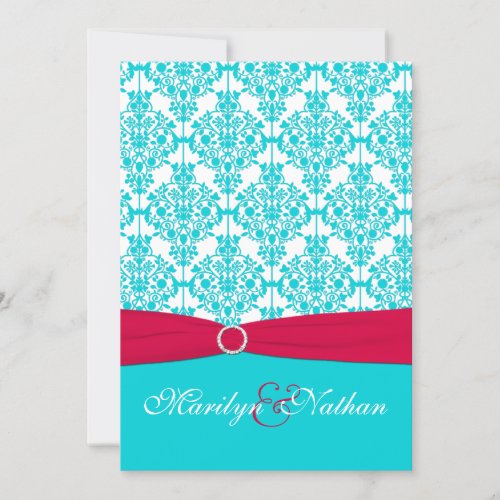 Red and Aqua Damask Wedding Invitation