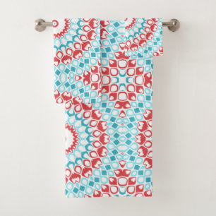 Red and Aqua Geometric Mandala Pattern Bath Towel Set