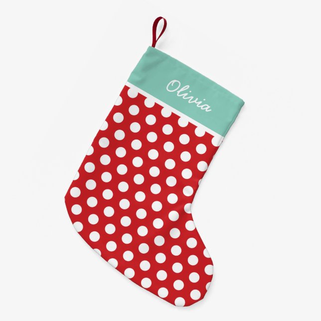 Red and Aqua Holiday Dots Monogram Small Christmas Stocking (Front (Hanging))