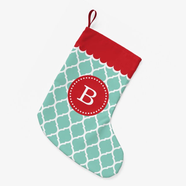 Red and Aqua Moroccan Quatrefoil Monogram Small Christmas Stocking (Front (Hanging))