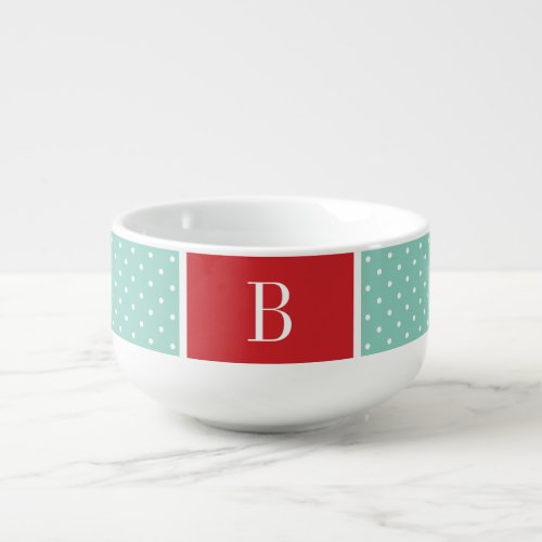 Red and Aqua Polka Dots Monogram Soup Mug