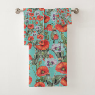 Red and Aqua Poppies Pattern Bath Towel Set